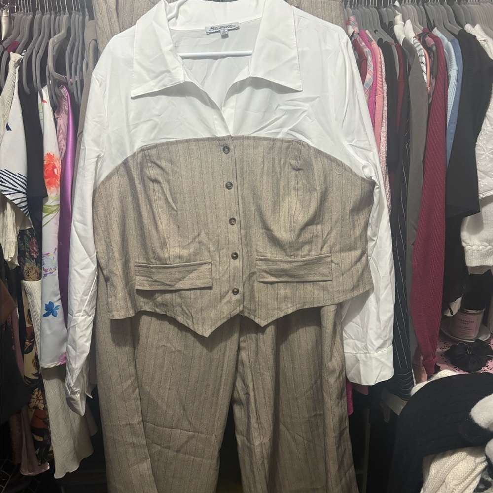 2 Pc Set- Tan pinstripe & white